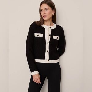 ANN TAYLOR Textured Sweater Jacket Gold Buttons Black/White Combo Size Medium